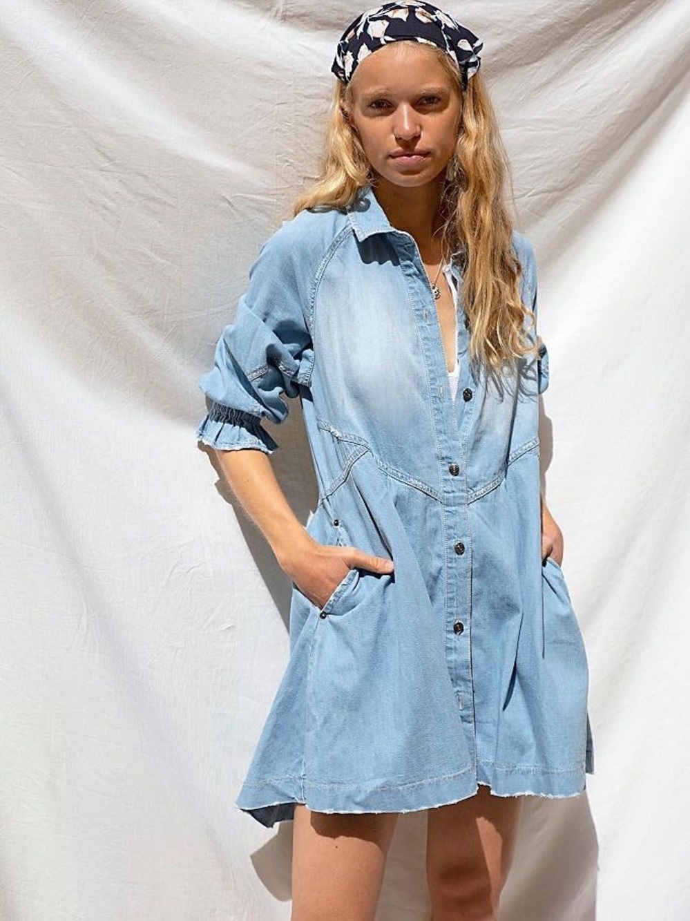 Free People We The Free Hannah Denim Mini Dress, Button-Front Blue Shirt Dress